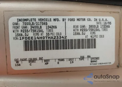 1996 Ford Econoline E150 Van z USA, uszkodzony, nr VIN 1FDEE14H0THA23342